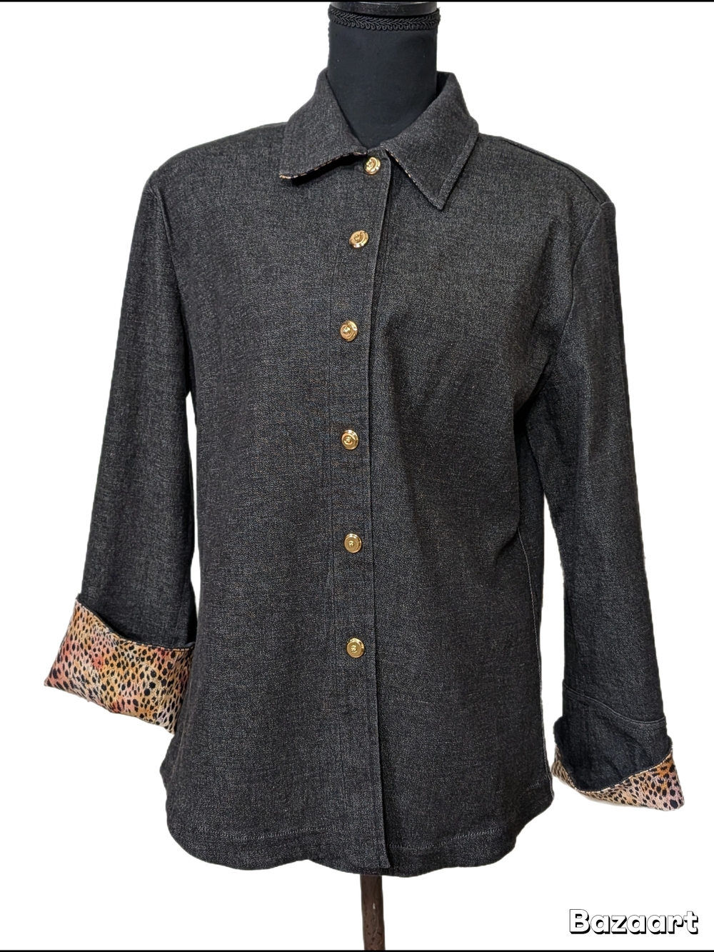 Vintage 90s St. John Sport by Marie Gray Black  Button-Down Shirt Leopard Cuffs
